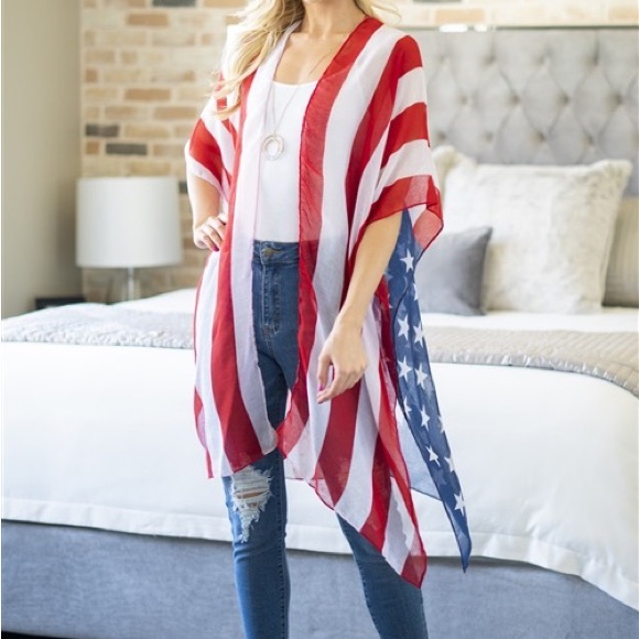 LIGHTWEIGHT USA AMERICAN FLAG ACCENT OPEN FRONT KIMONO OUTERWEAR - Picture 8 of 8